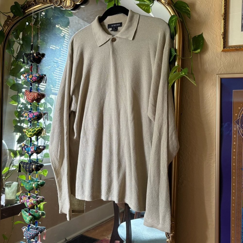 Vintage Slates Men’s Beige Knit Long Sleeve Collared Sweater Men’s Unisex Large